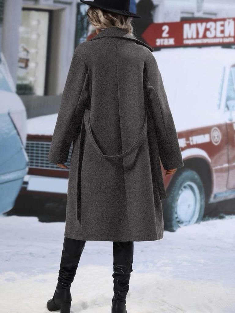 2025 Damen Zweireihiger Extra Langer Woll-Trenchcoat mit Drachen- & Phönix-Design, Unifarben, Reverskragen