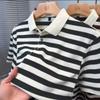 Men's Green White Striped Polo Shirt Short Sleeve Casual Top