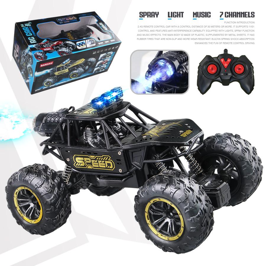 

2.4g Remote Control Off-Road Alloy Car with Shock Absorbers, Climbing Fast Car with Music, Lights, and Spray, Children s Electric Rc T