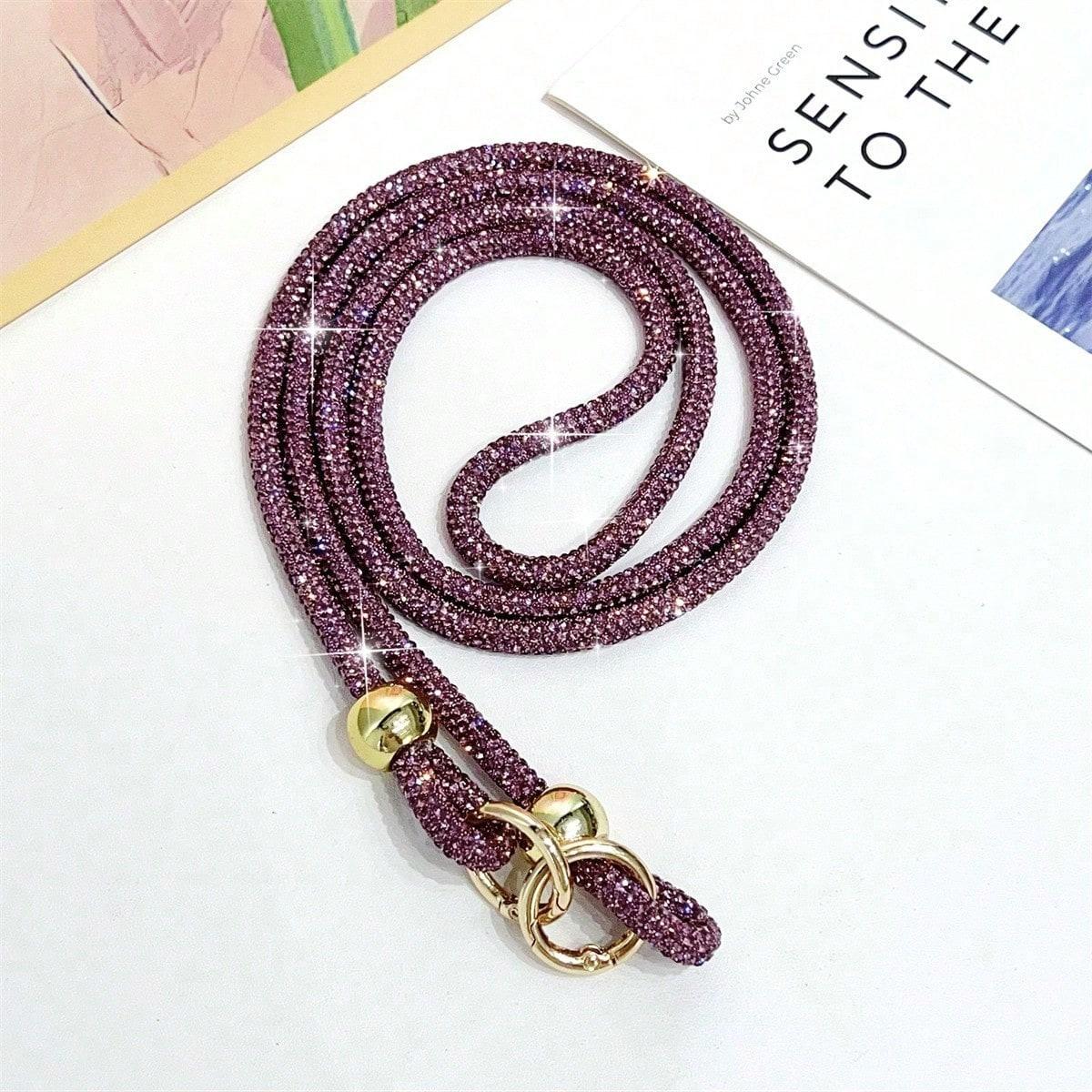 Chaîne de téléphone à suspendre avec perles entièrement diamantées Longue lanière bandoulière en strass Pendentif de sac avec perle dorée purple multicolore
