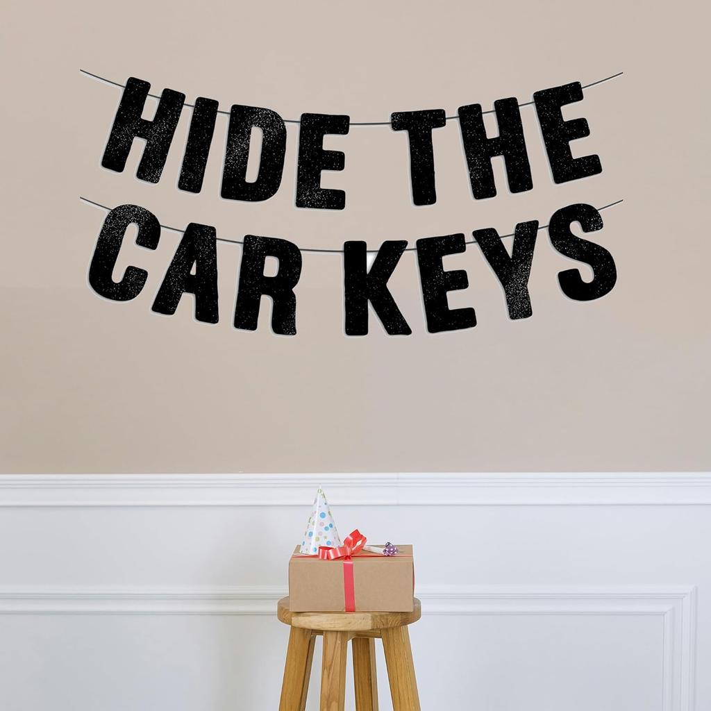Pre-Strung Hide The Car Keys Banner - Black Glitter, 16th Birthday Decorations for Girls, 15th Birthday Decorations for Boys, Sweet 16 Party