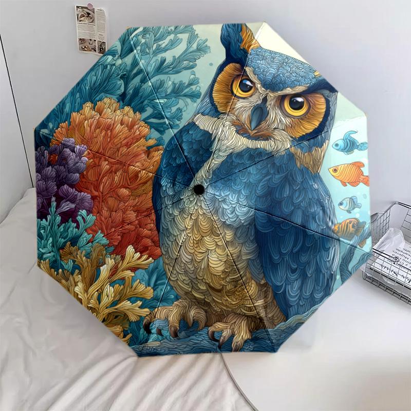 Flower Owl pattern, automatic folding umbrella, portable and foldable design, 8 ribs, a Christmas or birthday gift.