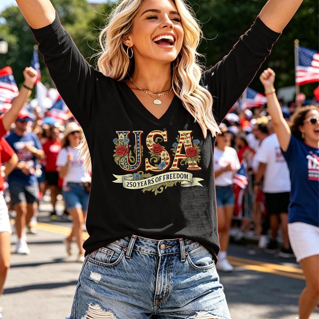 Womens Spring Tops V Neck 3/4 Sleeve USA Print 250 Years of Summer Shirts for Women Casual Style Tshirts Shirts for Women