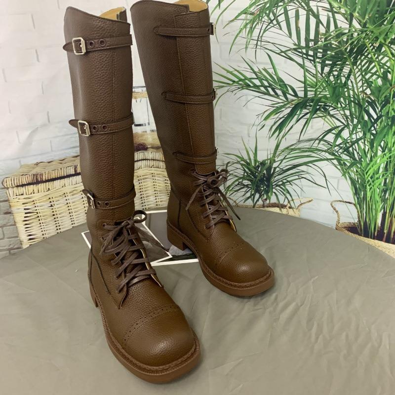 Cowhide~ Knight Boots Leather Boots Lace-up Platform Martin Boots Boots Women's Thick Heel Boots