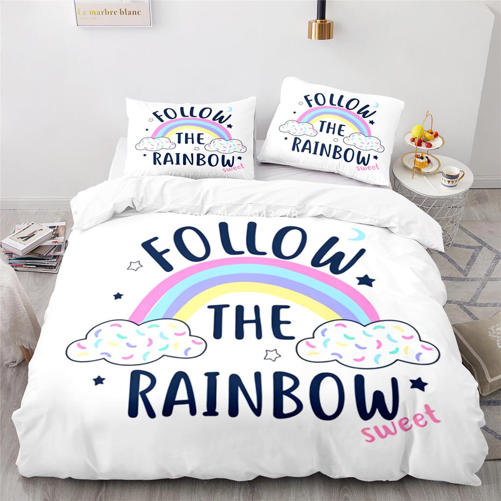 Home Fabric Rainbow Series Pattern Lovely Blue Pink Duvet Quilt Cover Pillowcase Bedding Adult Boys Bedroom Decoration