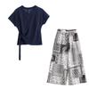 Fashion casual suit pants women's summer new short-sleeved irregular T-shirt printed wide-leg pants two-piece set