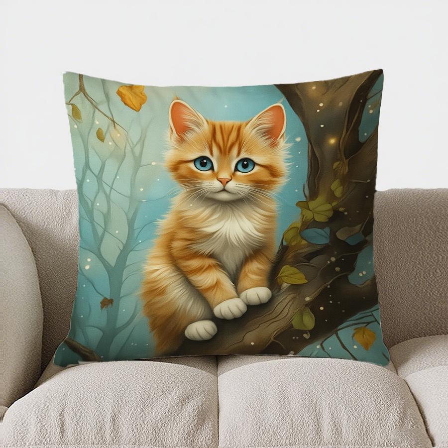 Home Decor Cute Orange Cat In Forest And Flowers Pillow Pattern Cushion Cover Suitable For Sofa Bedroom Car Pillow Cover