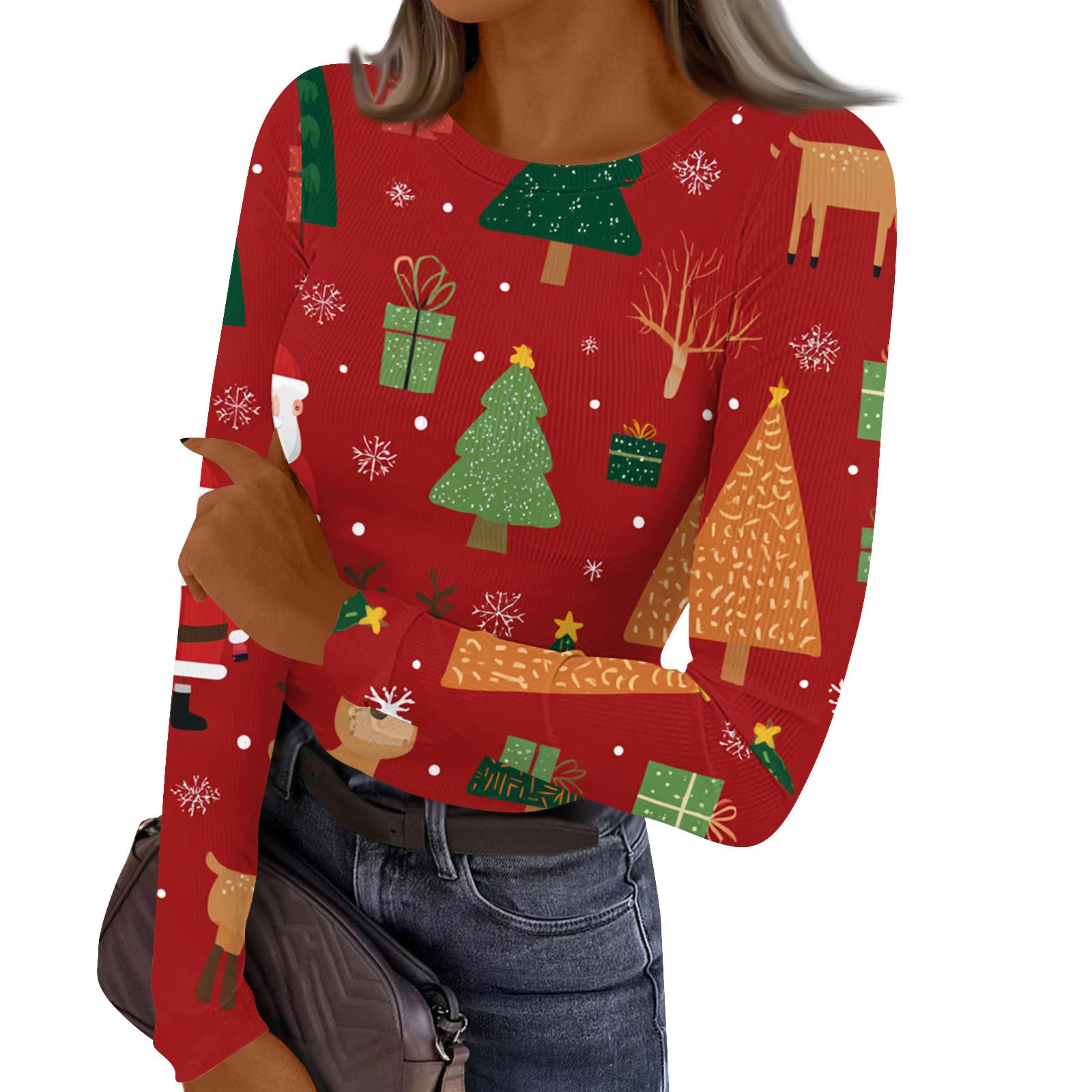 

Женский повседневный модный топ с круглым вырезом, рождественским принтом и длинным рукавом в полоску L
