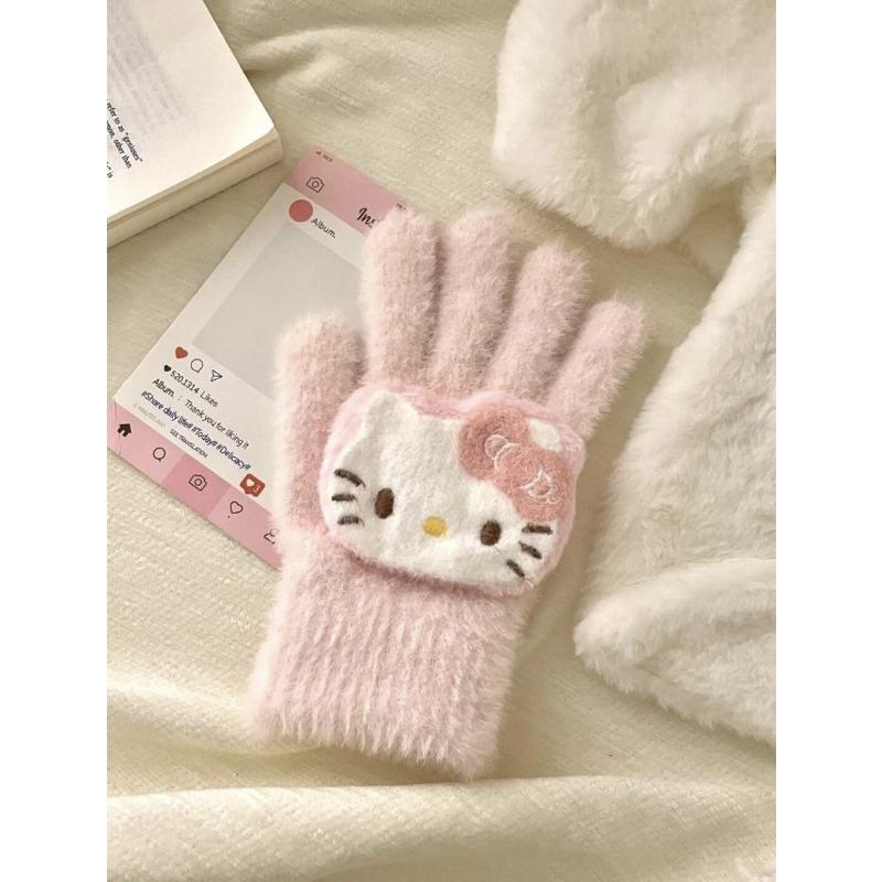 Miffy Rabbit sea salt blue bone girly gloves, cute plush and faux mink, warm split-finger gloves for women