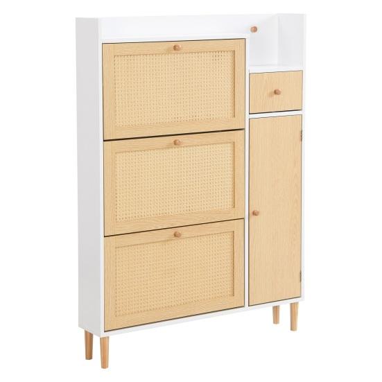 Free Standing Shoe Cabinet with 3 Tilt Doors 1 Drawer Wood Handles Solid Legs Space Saving No Burrs Small Closed Style Shoe Organizer Furniture