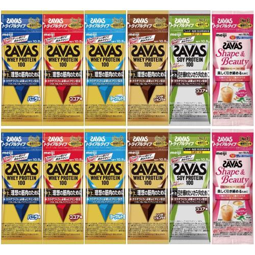 Meiji SAVAS Protein 100 Trial Type, 10.5g, 12-pack Set of 6 Flavors (Grapefruit, Cocoa, Yogurt, Vanilla, Rich Chocolate). Includes a Tissue Set.