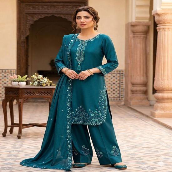 The Zariiyah Embroidered Raw Silk Palazzo & Salwar Suit Set M