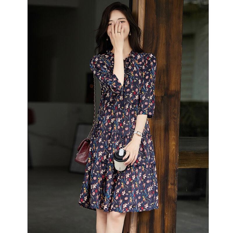 Demana Timeless Bloom 100% Silk Floral Tie-Neck A-Line Dress
