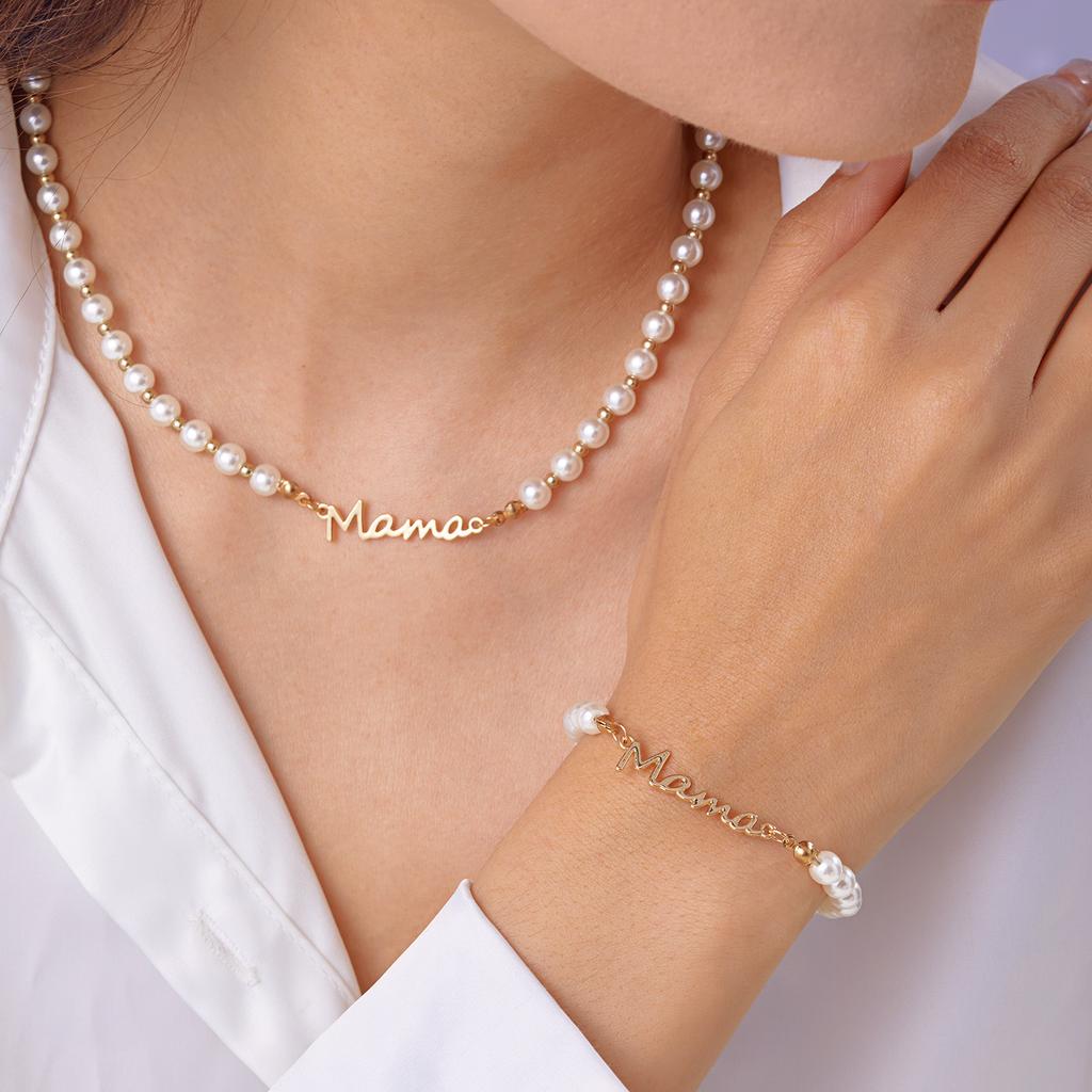 Mother's Day Mama Letter Jewelry Set, Imitation Pearl Necklace Bracelet, Daily Fashion Gift for Mom