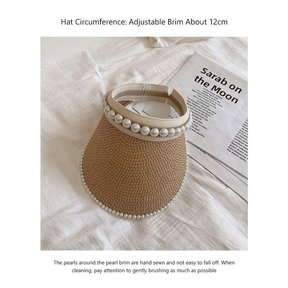 Wide Brim Sun Hat Pearl Decorated Straw Hat Imitation Pearl Beach Hat  UV Protection
