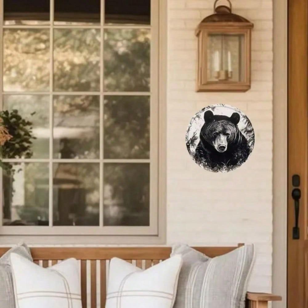 Round Tin Sign Bear Vintage Rustic Metal Wall Art Home Pub Decor