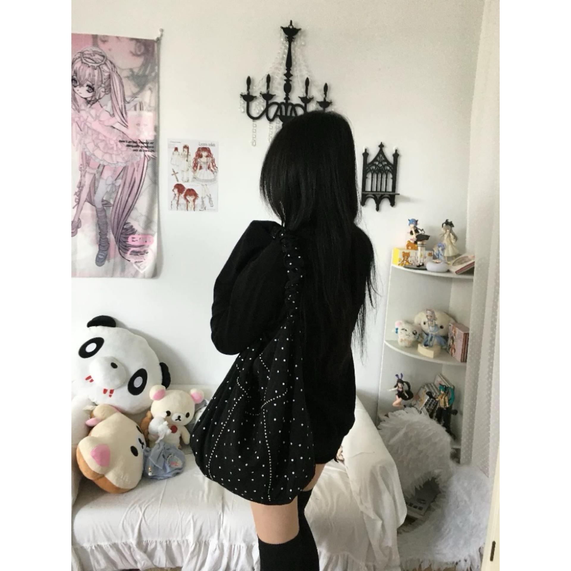 

Новая японская и корейская нишевая ретро холщовая сумка с принтом «ангел в горошек», универсальная сумка-тоут через плечо для поездок на работу чёрный