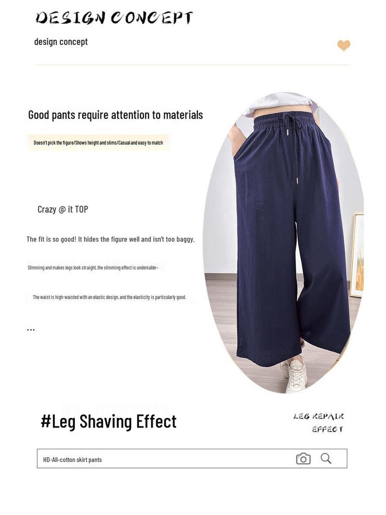 Southeast Asia Women's Casual Loose Ramie Culottes - Wide-Leg All-Cotton Slimming Pants, Eight-Point Length