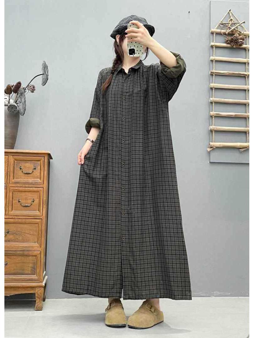 

Plaid Single-Breasted Long-Sleeve Shirt Dress - Slimming & Casual for Spring & Autumn One Size армия зеленый