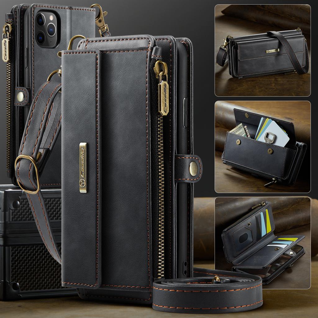For iPhone 11 Pro Max Case CASEME C39 RFID Blocking Zipper Wallet Stand Leather Cover with Strap