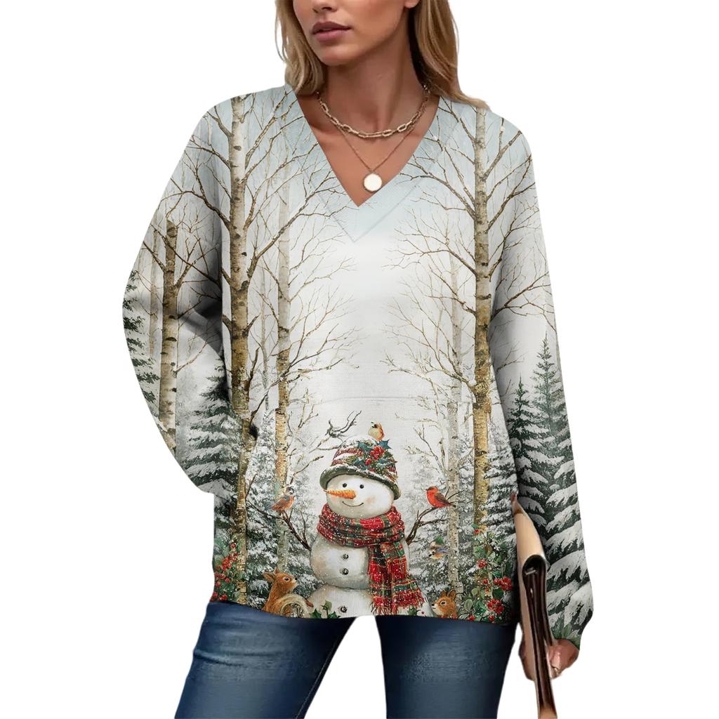 Women's Casual And Fashionable Christmas Print Long-Sleeved Top