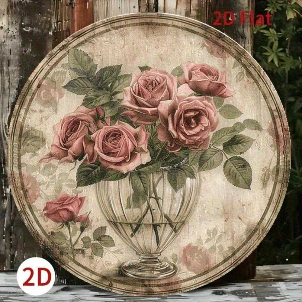1pc Vintage Rose Bouquet Vase Round Metal Sign 2D Foil Engraving Art Plaque Home Cafe Garden Decor