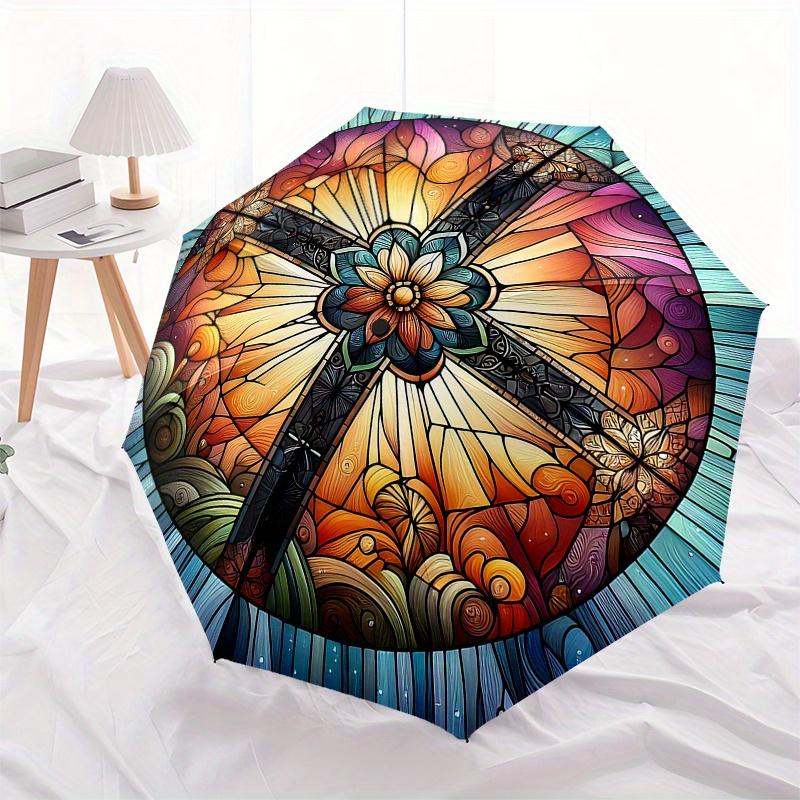 Stained Window Art: Vibrant Circular Design for Home DecorUmbrella, Portable 3-Fold Compact Umbrella for Men & Women Gift
