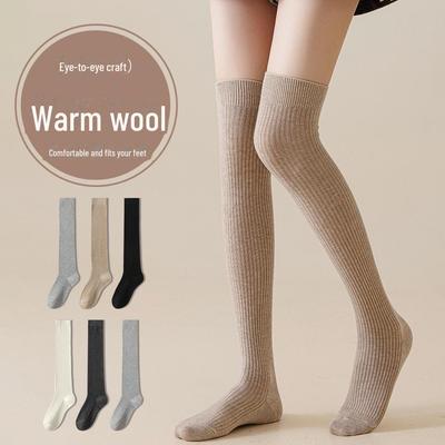 "Wool Thigh-High Socks, Double-Needle Stripes, Slim & Warm for Autumn/Winter"
