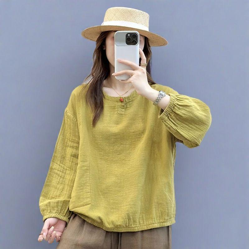 New Chinese Style Simple Solid Color Double-layer Cotton Loose Versatile Long-sleeved Pullover Top with Slimming Temperament