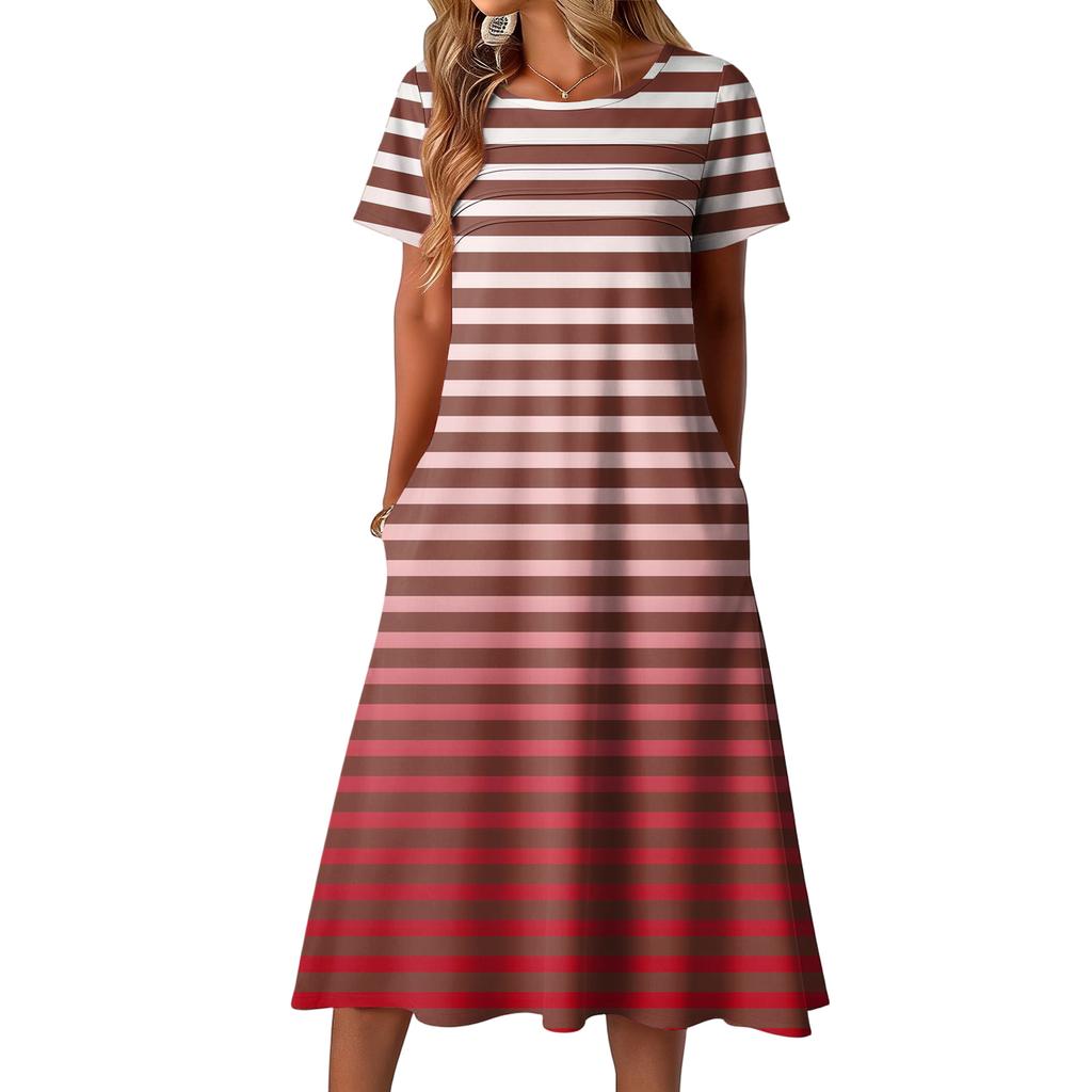 Ladies' striped printed casual and fashionable short sleeved round neck dress