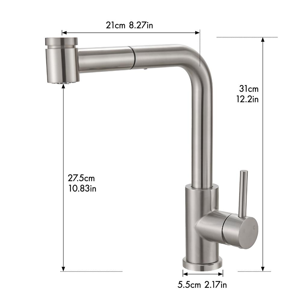 Modern Single Handle Kitchen Faucet with 360° Swivel Pull Out Sprayer Stainless Steel Single Hole Sink Faucet for Hotels