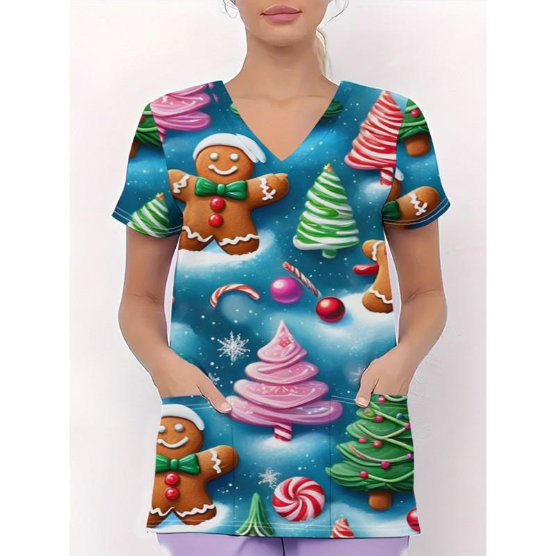 Womens V-Neck Short Sleeve Nursing Scrub Top With 3D Cartoon Print Comfortable Workwear Casual Medical Uniform