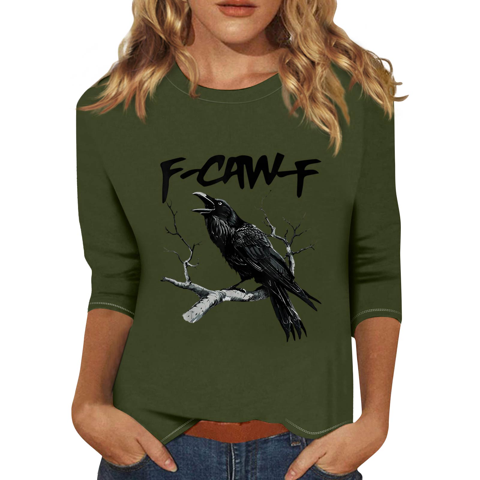 

Женская модная повседневная футболка с рукавом три четверти и принтом на шее L армия зеленый