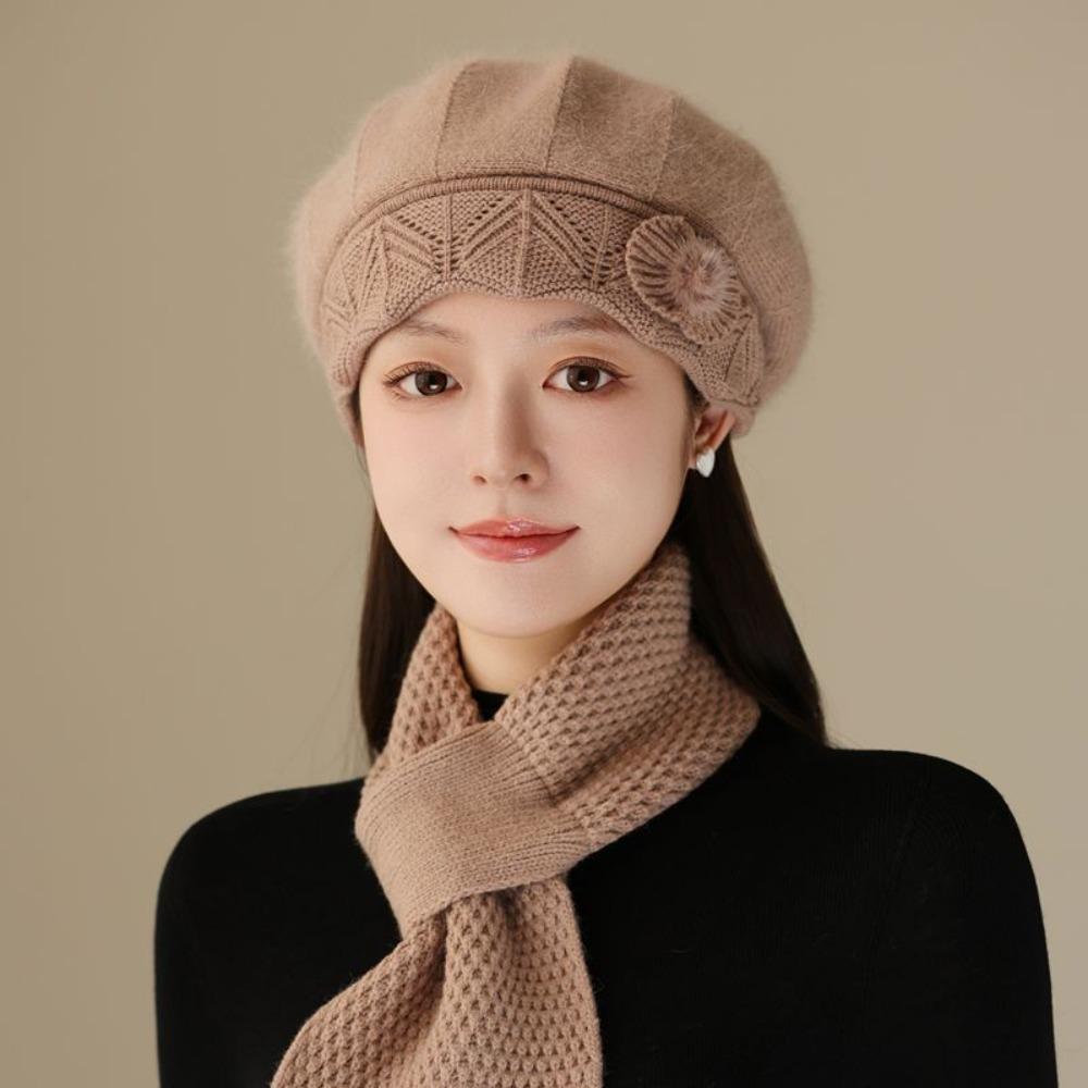 Casual Thicken Mom Hat Scarf Windproof Rabbit Fur Knitted Hats Coldproof Winter Hat Scarf Women