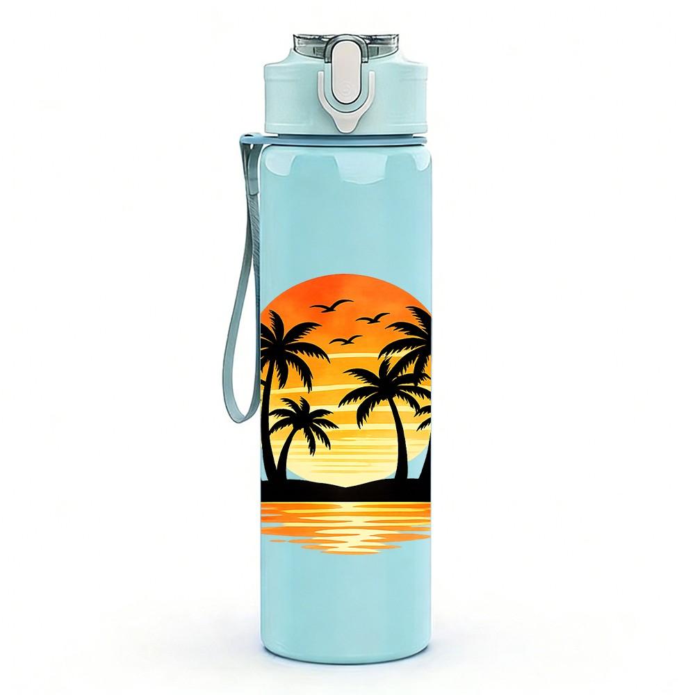 1PC Palm Tree Sunset Tropical Scenery Print 750ml Color Plastic Sports Water Bottle Leakproof Flip Straw Lid Suitable for Sports Office Home Use