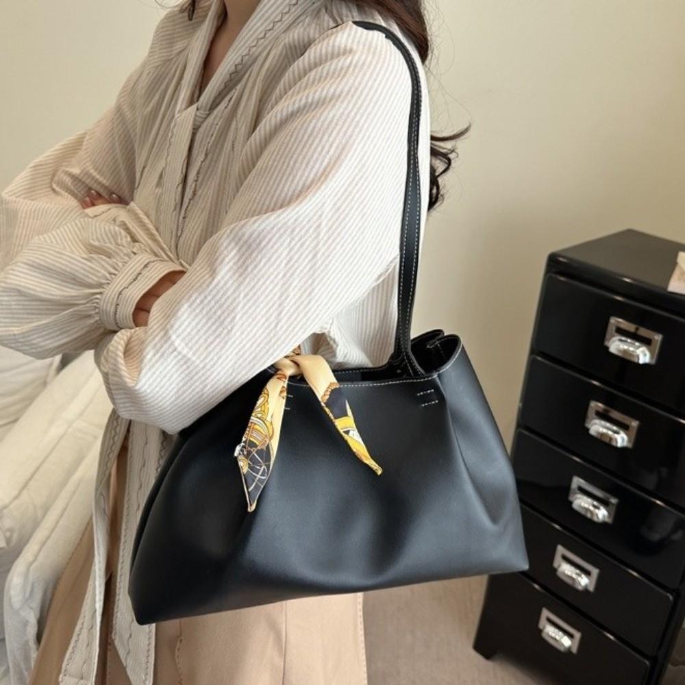 Ribbon Design Large Capacity Tote Bag Soft Underarm Bag Fashionable PU Shoulder Bag  Casual