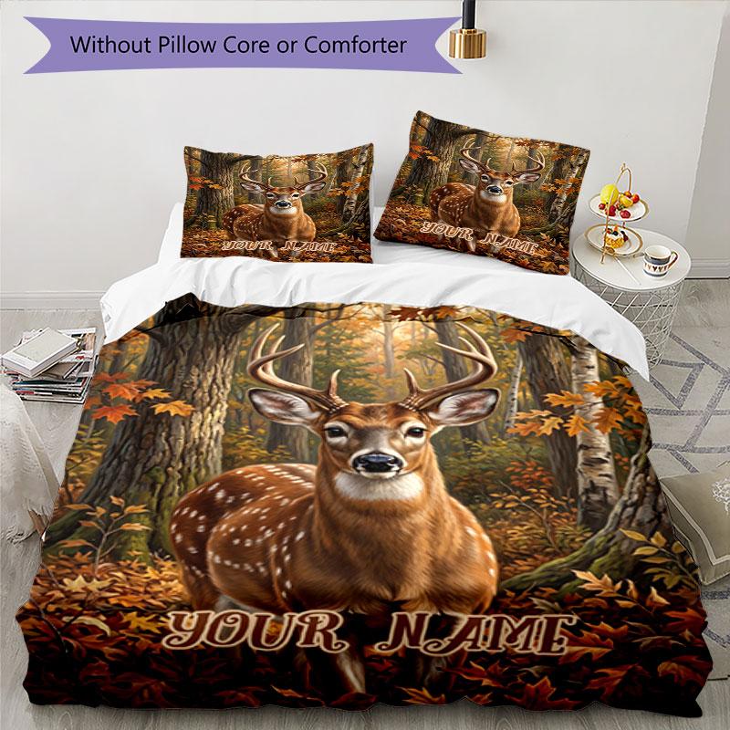 3PC Custom Name Autumnal Deer Majesty Bedding Set Duvet Cover Closure Includes 1 Duvet Cover & 2 Pillowcases for Bedroom