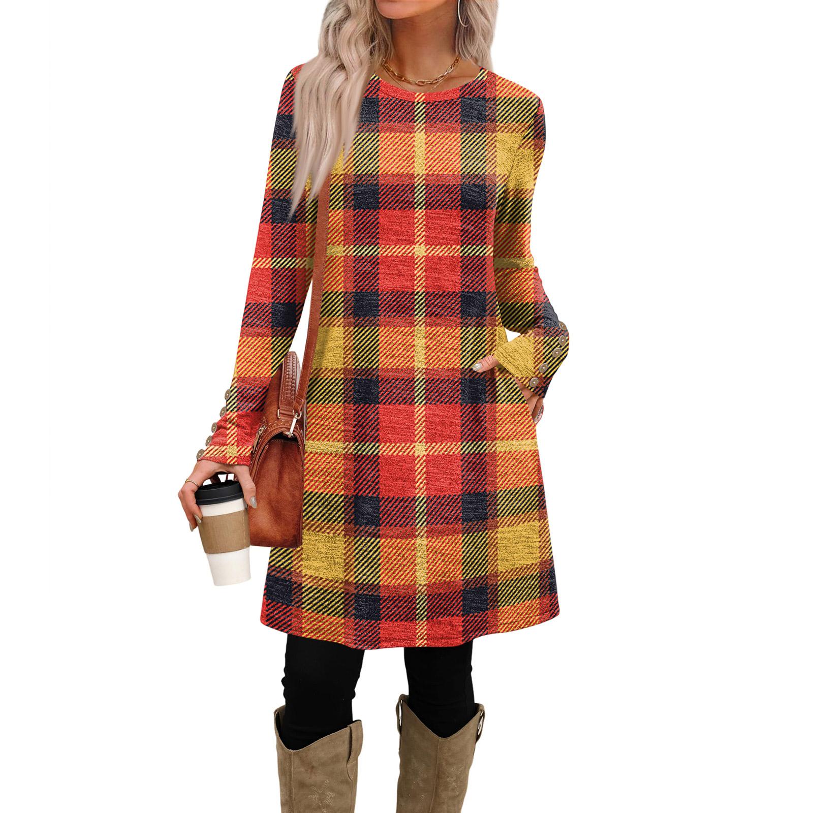 

Женское модное повседневное платье с карманами, декоративными пуговицами, круглым вырезом и длинными рукавами XXL