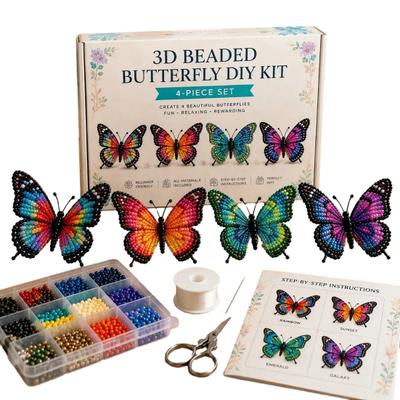 Kit de Loisirs Créatifs Papillon Perlé 3D, Ensemble d'Art Fait Main DIY Animal en Perles Minuscules avec Instructions, Lot Mignon de 4 Papillons Kit de Perlage