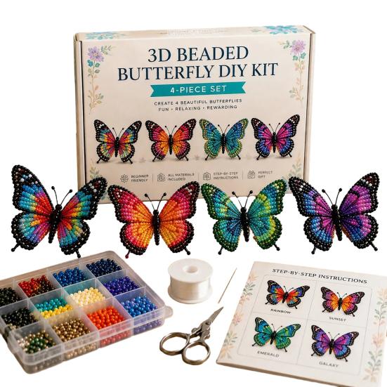 3D Beaded Butterfly Craft Kit, Tiny Beaded Animal DIY Handmade Art Set with Instruction, Cute 4-Pack Butterflies Beadwork Kit