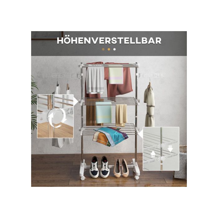 HOMCOM Mobiler Wäscheständer, dreifach faltbar, mit Rädern, 80-142 x 55 x 152 cm