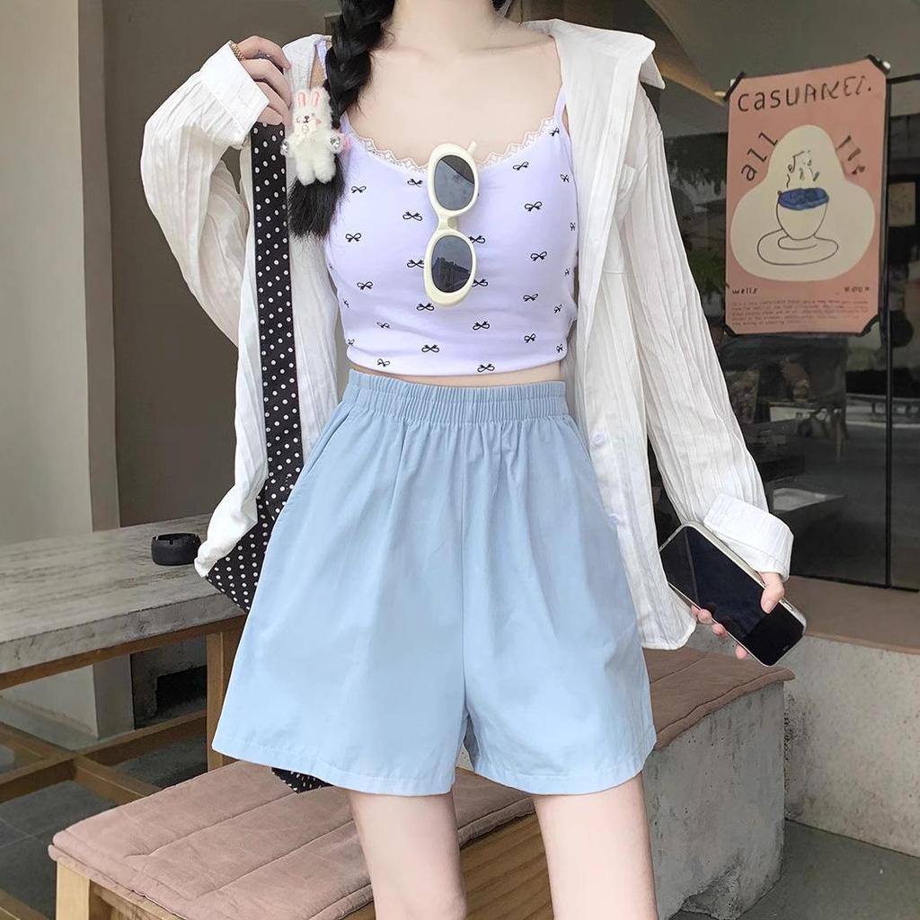 2025 Summer Women's High Waist Casual Wide-Leg Mid-Length Workwear Shorts, Petite Size.