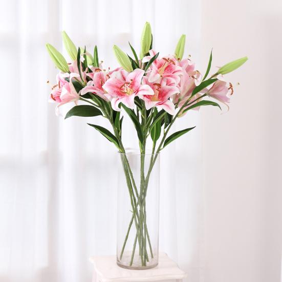 Artifical Lily Flowers with 3 Heads Full Bloom Long Stem Fake Flower Branch for Wedding Party Bouquet Home Hotel Office Garden Craft Art Decor