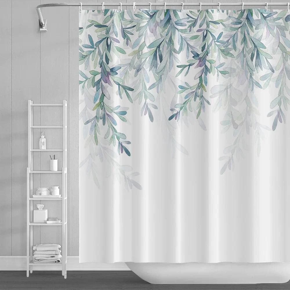 Watercolor Green Leaf Shower Curtain for Bathroom Vines Plant Nordic Minimalist Polyester Botanic Curtain for Home Hotel 180x240