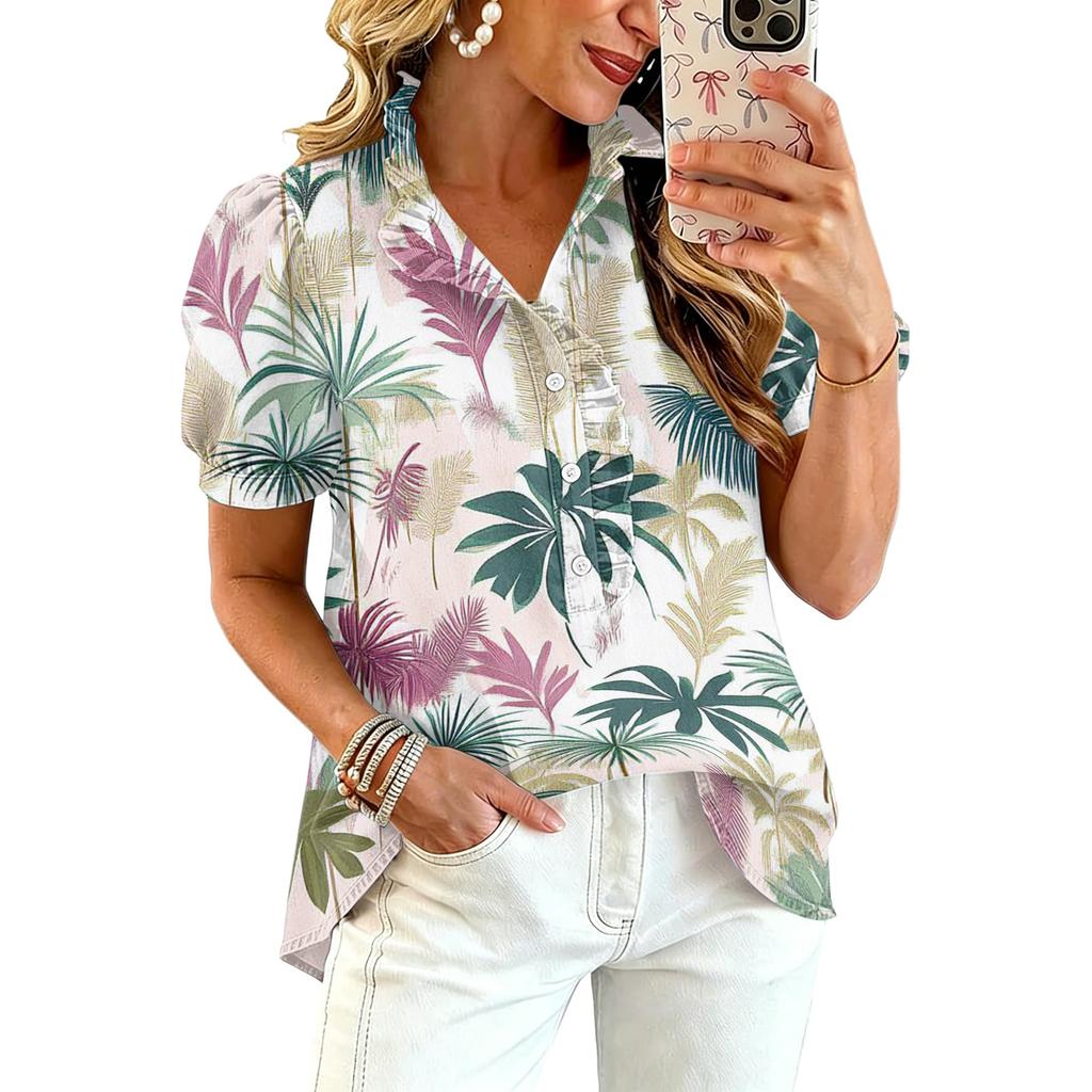 Women’s Casual Ruffle V Neck Top with Hawaiian Tree Print Short Puff Sleeve Button Down Relaxed Fit Summer Blouse