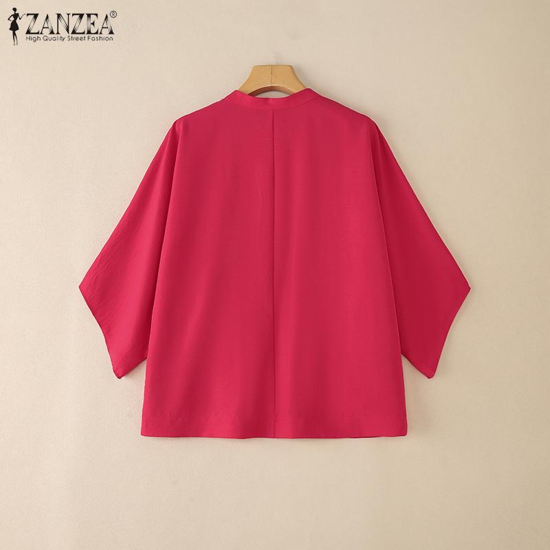ZANZEA Women Casual Round Neck Loose 3/4 Sleeve Solid Blouse