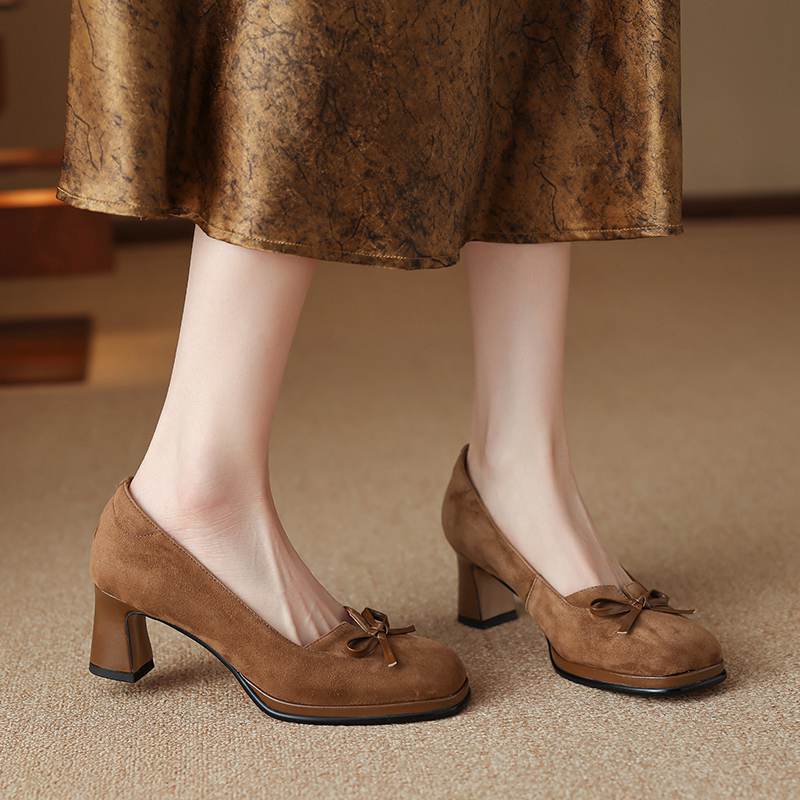 Krazing Pot Suede Round Toe Size 40 High Heels Slip On Platform Butterfly-knot Decoration Casual Autumn Shallow Pumps