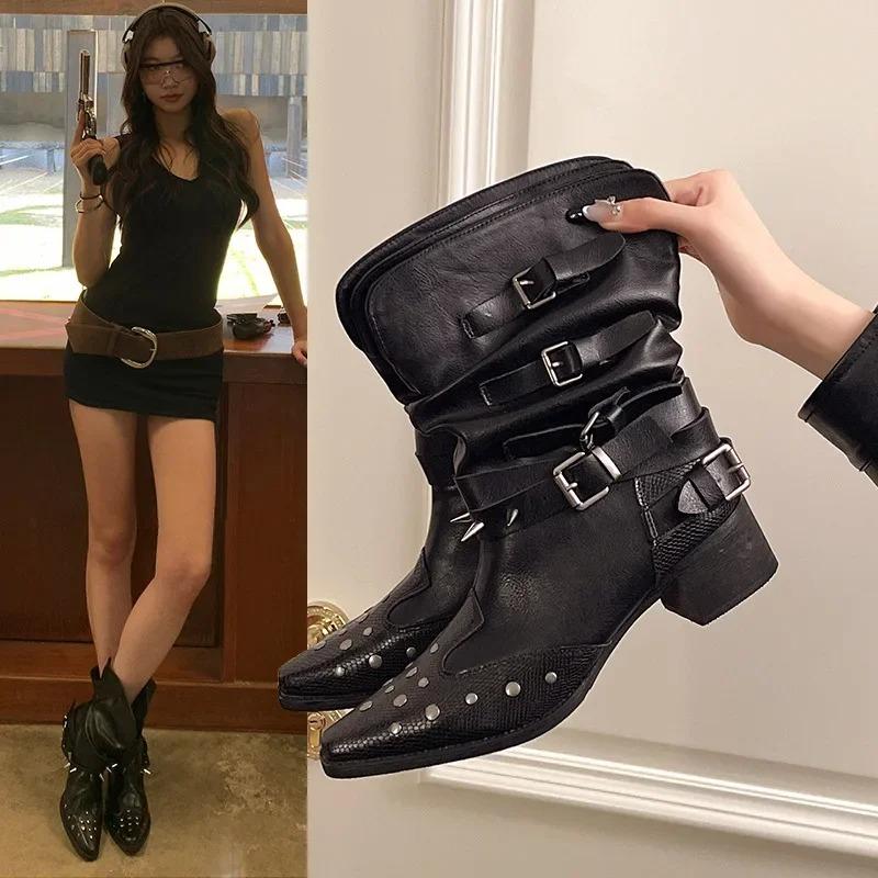 Fashion Western Style Short Boots Fashionable Pointed Toe Flat Mouth Design Slimming Rivet Knight Boots Women's Fashion Long Boots