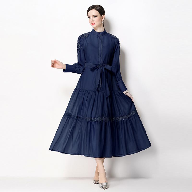

2026 Spring Summer Beaded Lace Patchwork Dress for Women Stand Collar Long Sleeve High Waist Belt Casual Vestidos Pleated Y2k XXL