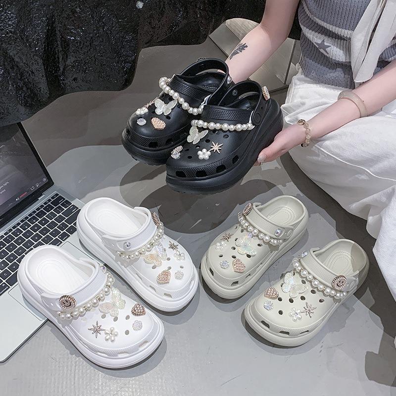 Little Fairy Pearl Chain Thick-soled Hole Shoes Female Summer Crystal Butterfly Eva Bag Head Drag Cool Slippers